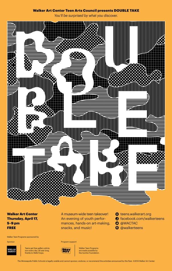 A promotional poster for Teen Takeover: Double Take, an upcoming event at the Walker Art Center, invites teens to take part in creative activities. 
