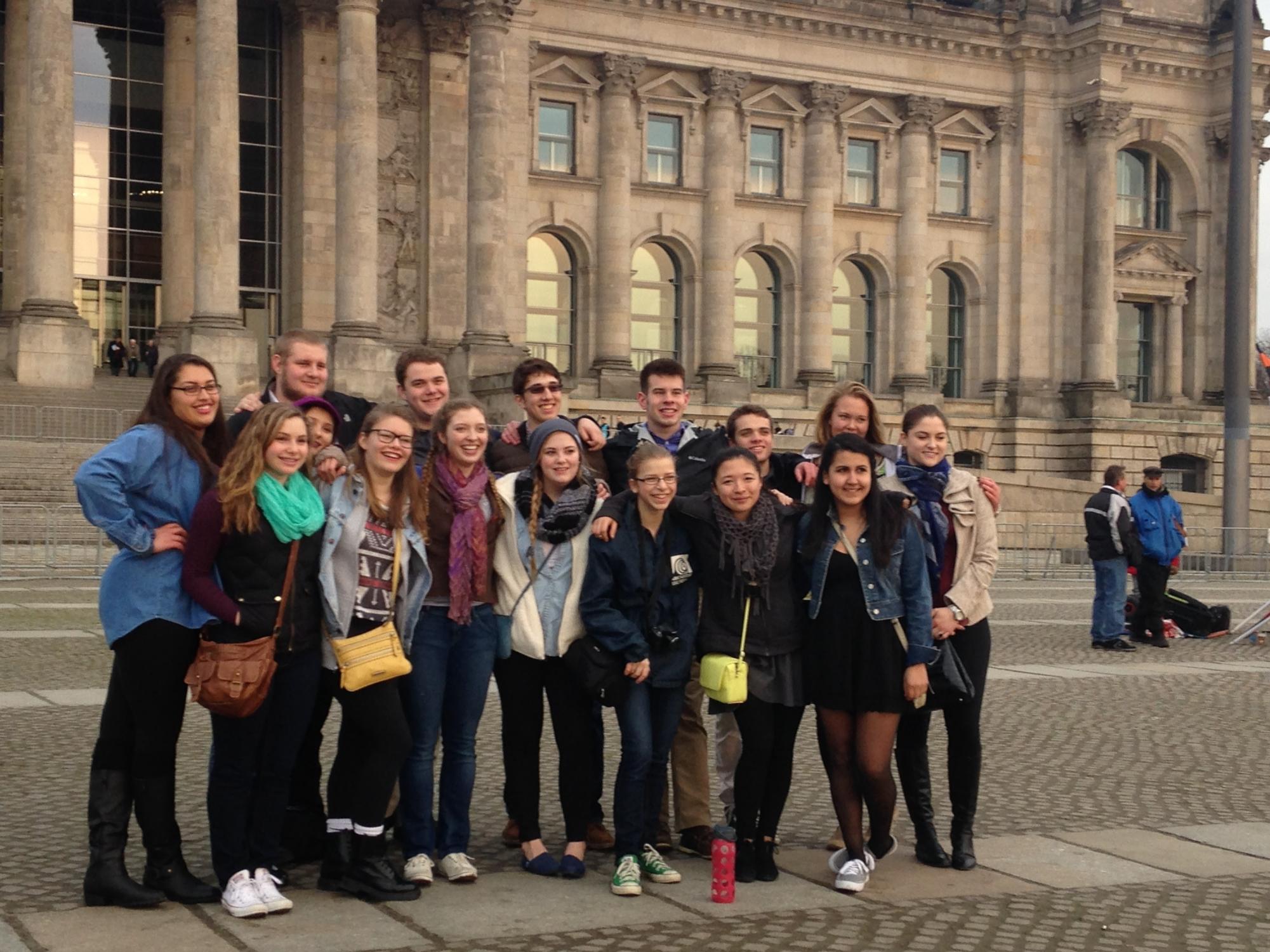 WURST. Students taking German visited Berlin and Hamburg in 2015, posing in front of Germanys capital building, der Reichstag, housing the legislative branch. Wurst means sausage in German and is similar to Americas say cheese when taking photos. Middle school German teacher Madeleine Flom-Staab said, While in Hamburg, we stayed with our exchange partners who had come to visit us in Minnesota in October of 2014. (Submitted photo by Madeleine Flom-Staab)