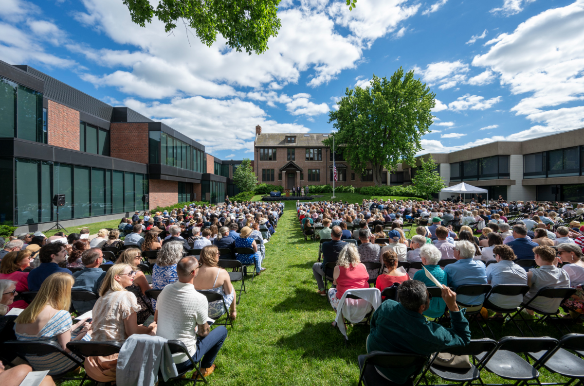 LAWN LEGACY. The Class of 2024 Commencement took place June 9 on the front lawn of the Randolph Campus. The stage is set just in front of the original doors of the St. Paul Academy building. (Photo reprinted with permission from SPA Smugmug)
