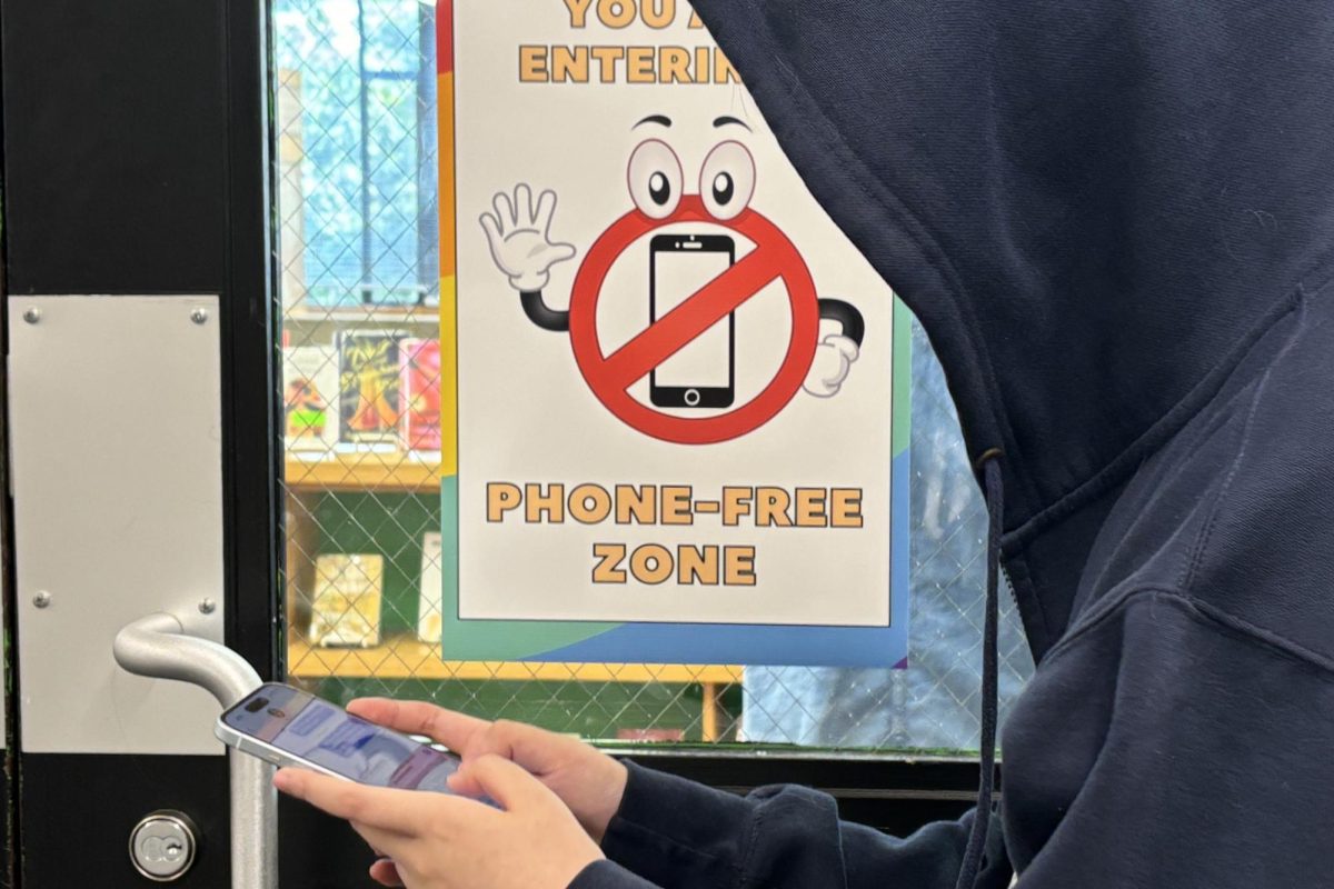 PHONE-FREE. The new phone-free policy specifies spaces that phones are allowed and not allowed. Posters reading “you are entering a phone-free zone” like those on the library doors are plastered in those spaces.