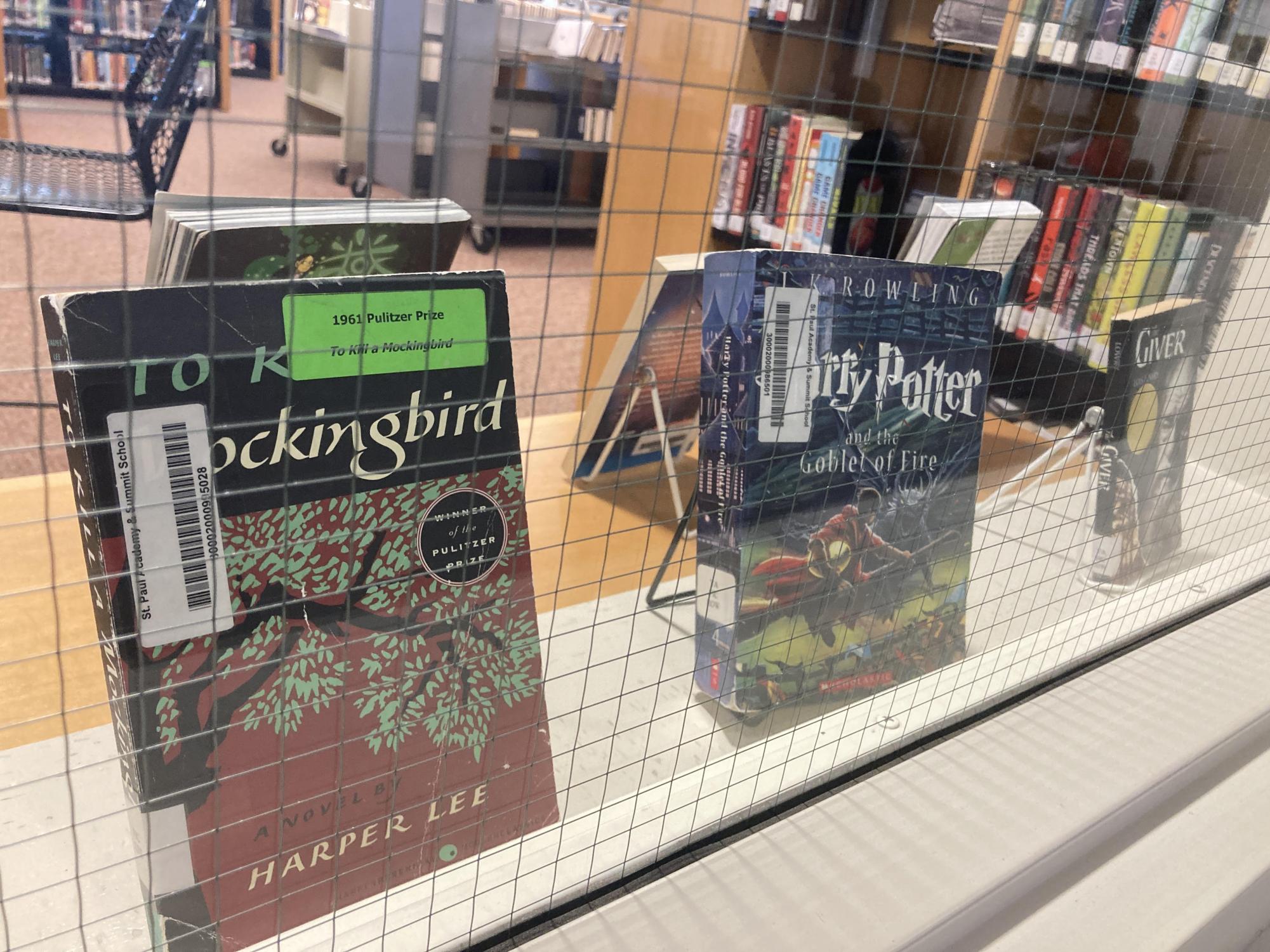 BEHIND BARS. Classic, well-known banned books line shelves facing the library windows.