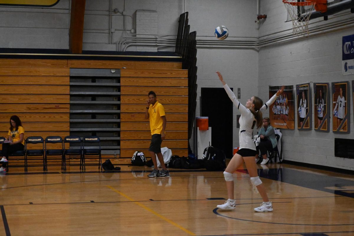 SERVE. Sophomore Tallulah Dogwill gets prepared to serve the ball.  