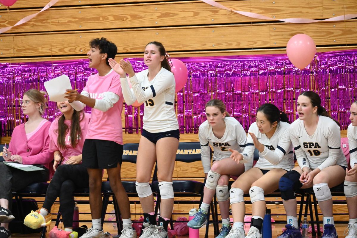 LET'S GO SPARTANS. Team manager Sam Galarneault and captain Madelyn Moser rise to the occasion, literally, and shout words of encouragement at the court. 