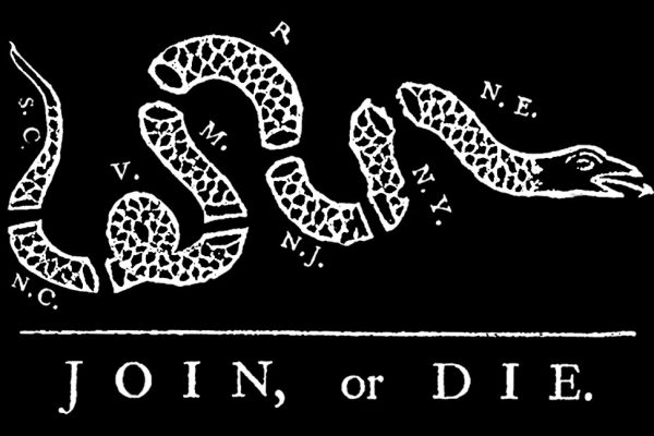 JOIN, OR DIE. Published in 1754, a woodcut by Benjamin Franklin ‘Join or Die’ depicts a snake severed into eight seperate piece each one of the colonies. It pushed the newly formed American colonies to unite during the ongoing French and Indian War.(Public domain)