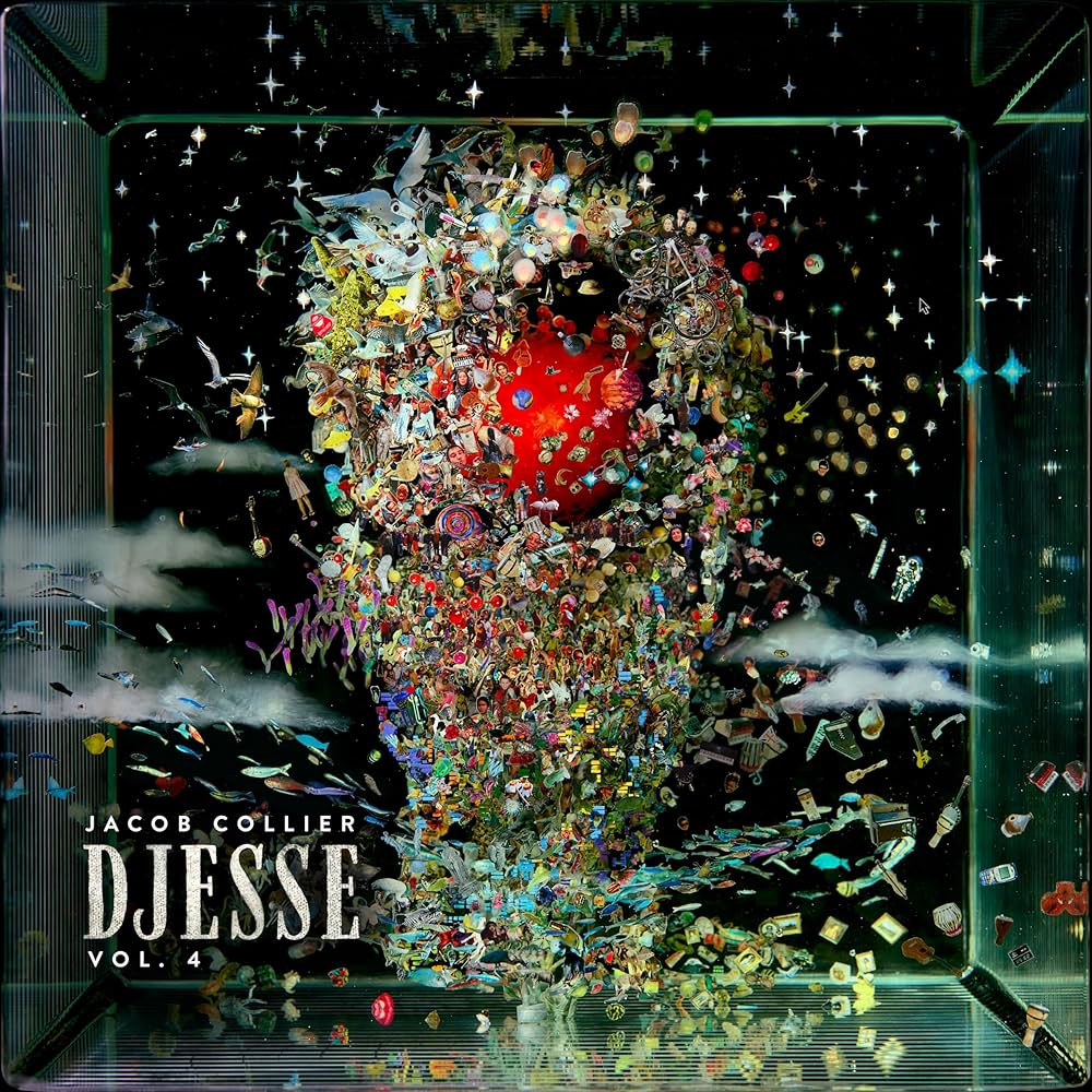 FRAGMENTED. The album cover for "Djesse Vol. 4" is made up of broken apart pieces coming together to make something larger, representing the album's wide range of collaborators (Album cover designed by Dustin Yellin, released Interscope records in 2024)