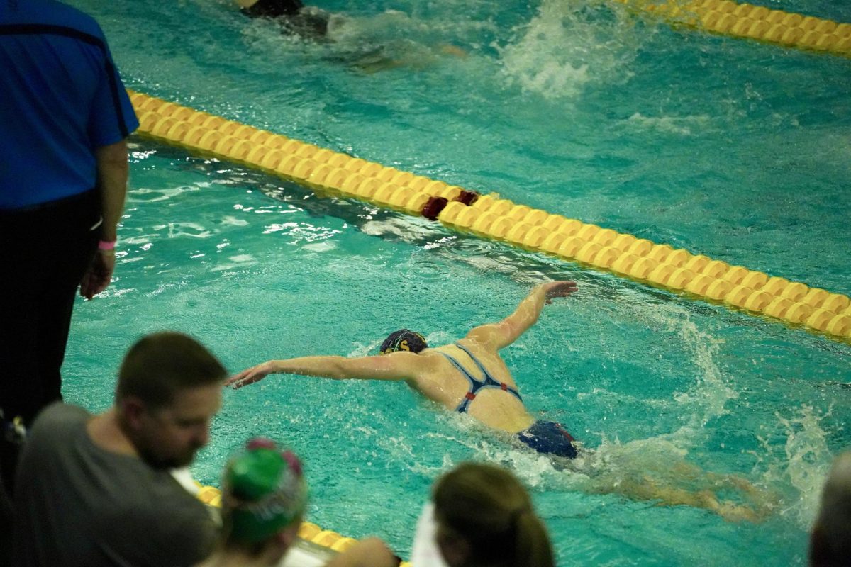 IN MOTION. Gjerde nears the finish of her 75 yards out of 100.