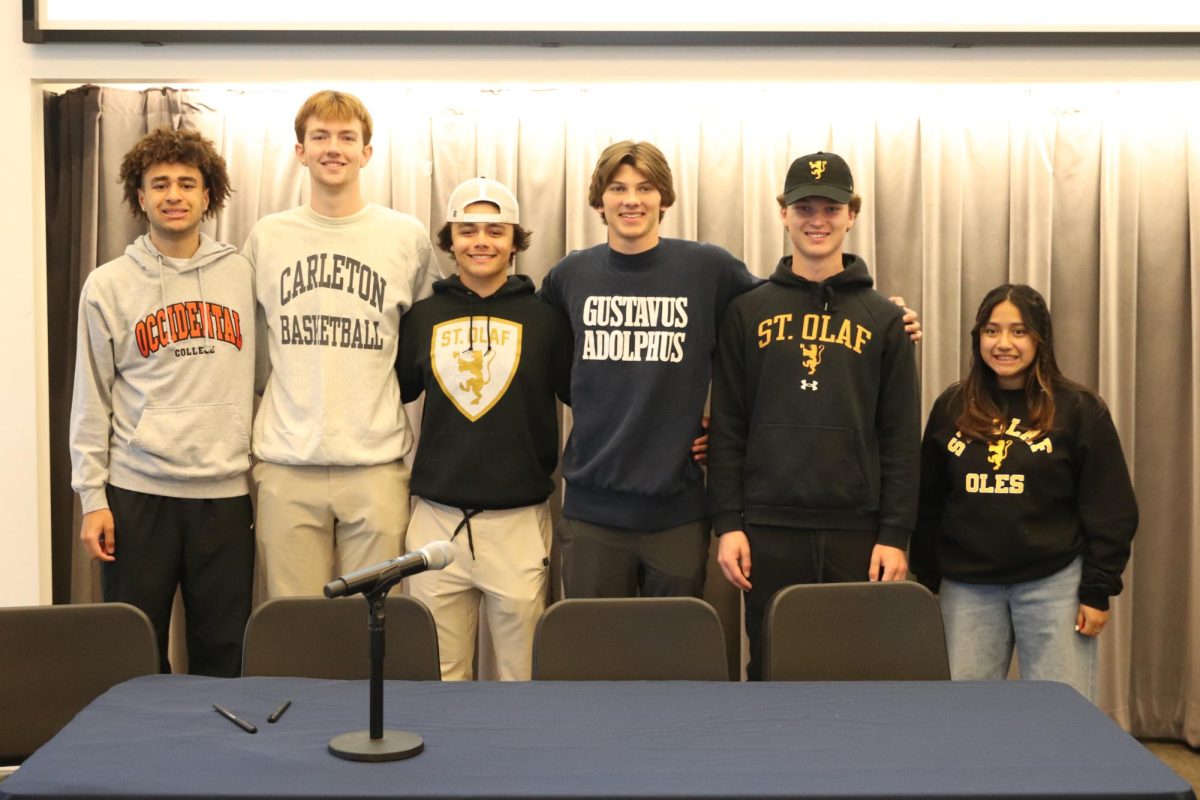 Class of 2024 committed athletes. (left to right) Ethan Carter (Occidental College), Tysen Hayes (Carleton College), Griffin Schwab Mahoney (St. Olaf), Cooper Olson (Gustavus), Will Black (St. Olaf), Naomi Kempcke (St. Olaf). All of these athletes have completed the process of recruitment with the help of SPA's athletic programs.