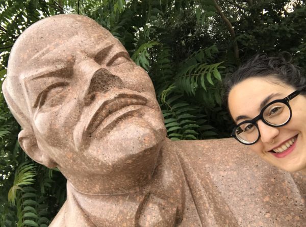 
LENIN SMILES. During a trip to Prague in 2018 for a post-Cold War gender and sexuality conference, Gokhberg stopped to take a picture at the memorial museum of Cold War statues. Submitted by Gokhberg.