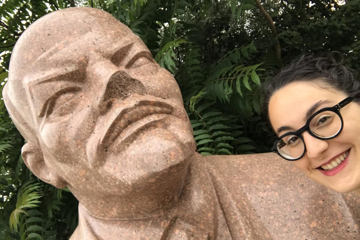 LENIN SMILES. During a trip to Prague in 2018 for a post-Cold War gender and sexuality conference, Gokhberg stopped to take a picture at the memorial museum of Cold War statues. Submitted by Gokhberg.