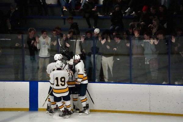 SPARTANS CELEBRATE. Spartan fans up against the glass to cheer on the team as they just got a goal.