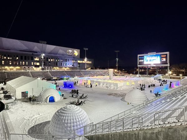 AERIAL. This image provides the visual overview of the winter wonderland-transformed TCO Vikings Stadium. Igloos and fire pits are closest to the entrance and the ice maze is in the middle of the field.