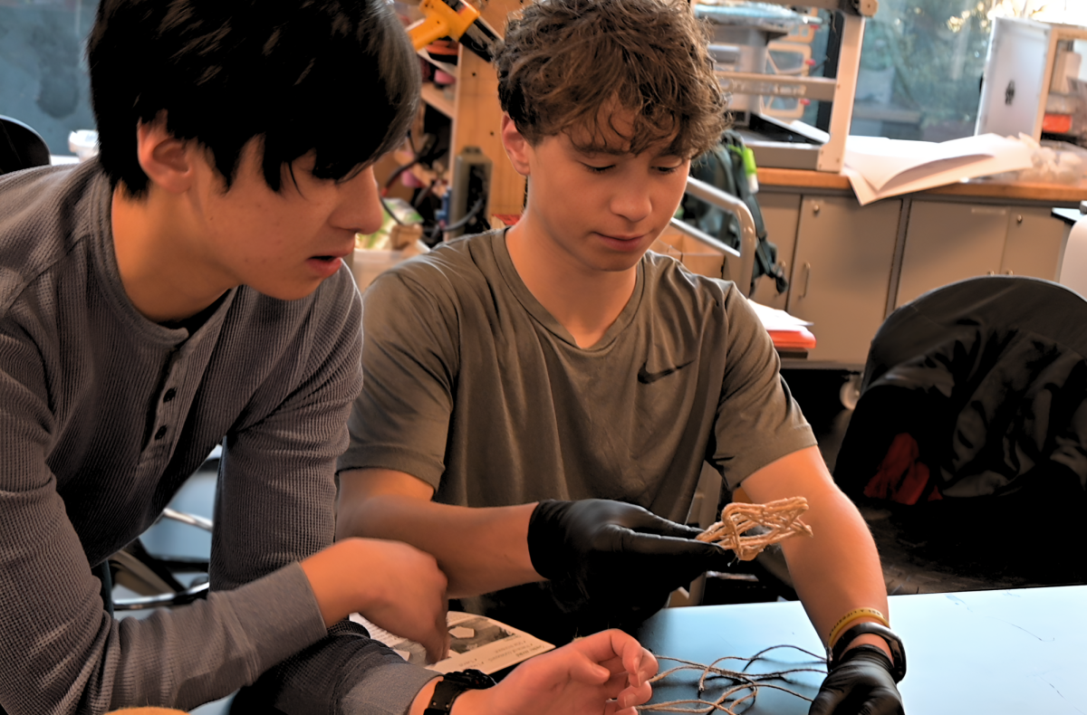 SHINE BRIGHT. Seniors Theo Su and Caden Burns measure twine and wrapped sticks to create ornaments for STAR HOUSE.