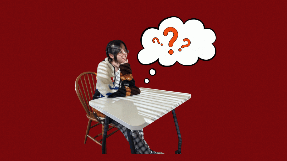 LUNCH TIME PONDERS. In her senior speech, senior Belle Weng spoke about asking random questions to her friends to get to know them better at lunch. Listen in to hear more about the random questions she's asked in the past. (Made from Canva elements Comic Script Bubble Illustration Sketchify and Red Question Marks Icons 8)